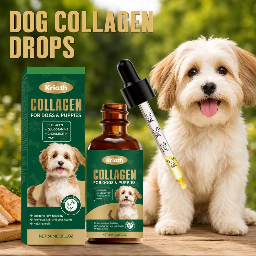 Happy dog next to collagen drops